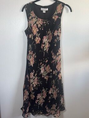 Casual Corner Black Floral Sleeveless Midi Dress with Pink Blooms